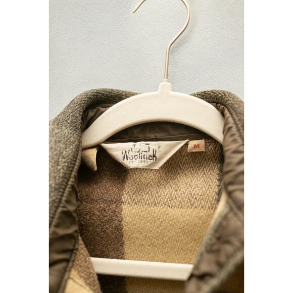 Woolrich Wool Shirt Jacket M — Big Check Plaid Workwear Overshirt (Tan/Brown) - Picture 4 of 4